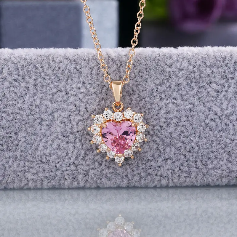 Blues wholesale copper jewelry gold plated Pink Diamond brass small crystal Heart shaped Pendant Necklace with free chain