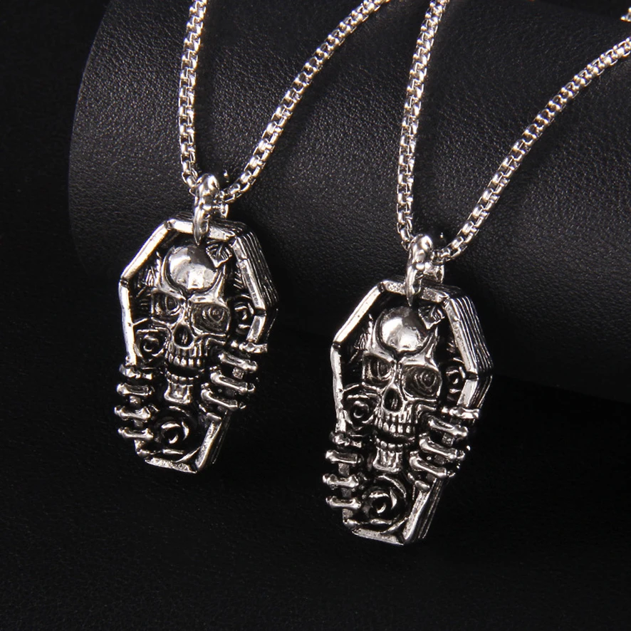 Heavy metal punk style coffin skeleton stainless steel necklace for men hip-hop skull face strong stainless steel chain
