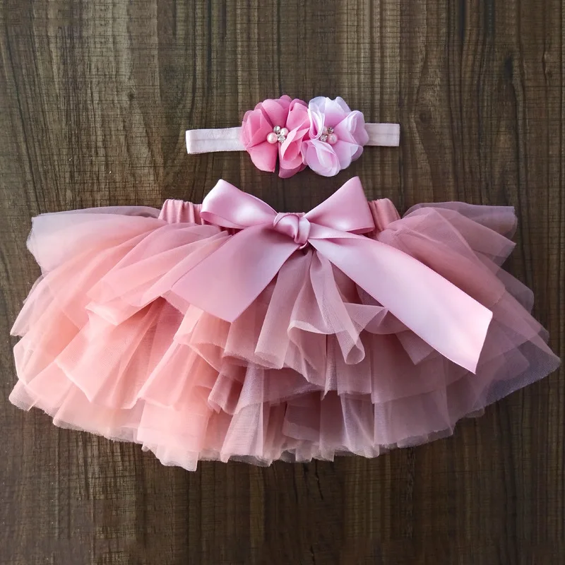 Newborn Infant Outfits 2pcs Baby Girl Tulle Tutu Skirt Chiffon Ruffle Diaper Cover Baby Bloomers And Flower Headband Set