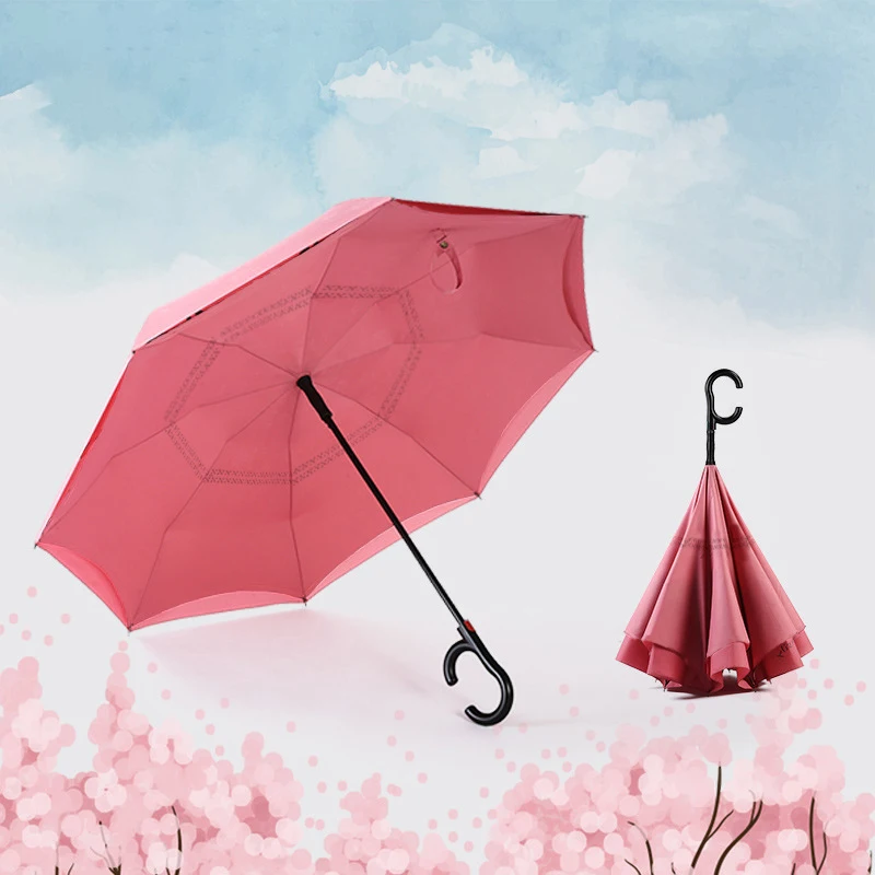 ZD082 Wholesale Automatic Open Double Layer Inverted Umbrella Sun UV Car Straight Umbrella C Type Handle Reverse Parasol