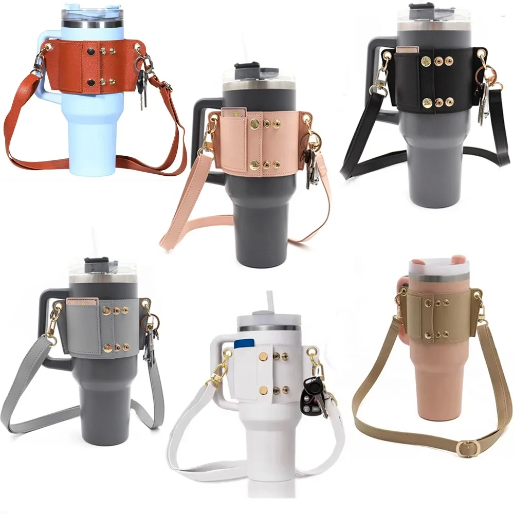 Hot Selling 40 oz Tumbler Carrier Sling Cup Holder PU Leather Coffee Mug Water Bottle Crossbody Bag with Adjustable Strap