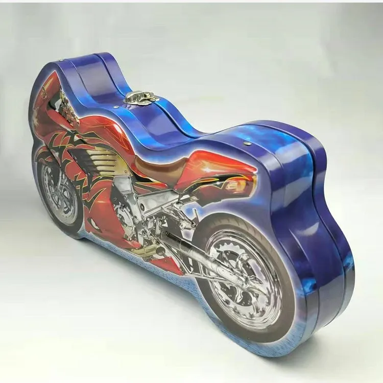 High quality children gift 2 wheels large motorcycle shaped tin box with lock