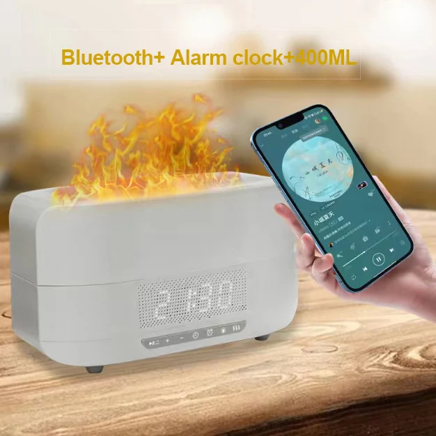 400ML Simulation Flame Aromatherapy Machine Time Alarm Clock Wireless Speaker Humidifier Large Capacity