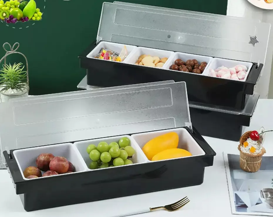 Condiment Container Lid Ice Chilled Condiment Server Ice Tray Fruit Veggie & Condiment Caddy Plastic Garnish Station