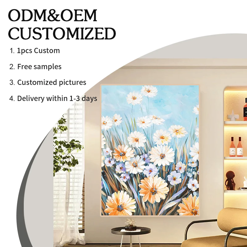 Custom Flower Oil Painting Blue Orange Canvas Modern Oil Painting 100% Handmade Painted With Framed Wall Art For Home Decor