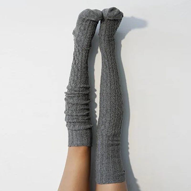 Wholesale warm Solid Color Floor Slouch long Knitted Sock for women Winter Stocking thigh high socks