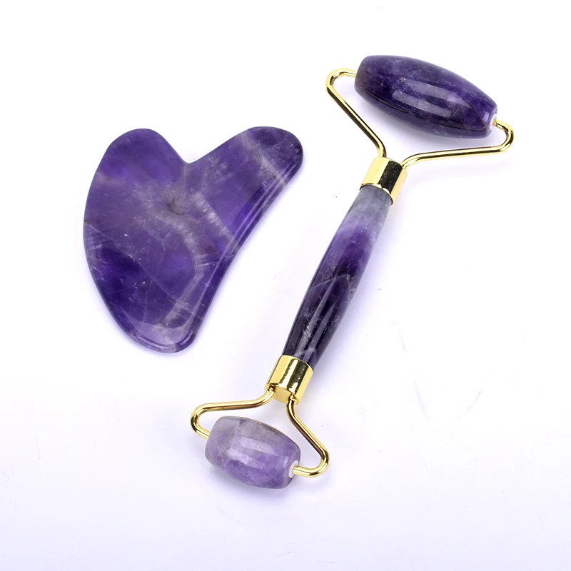 Wholesale Double Facial Rollers from 100% Natural Stone Certified for Skincare Amethyst Gua Sha Jade Roller Set