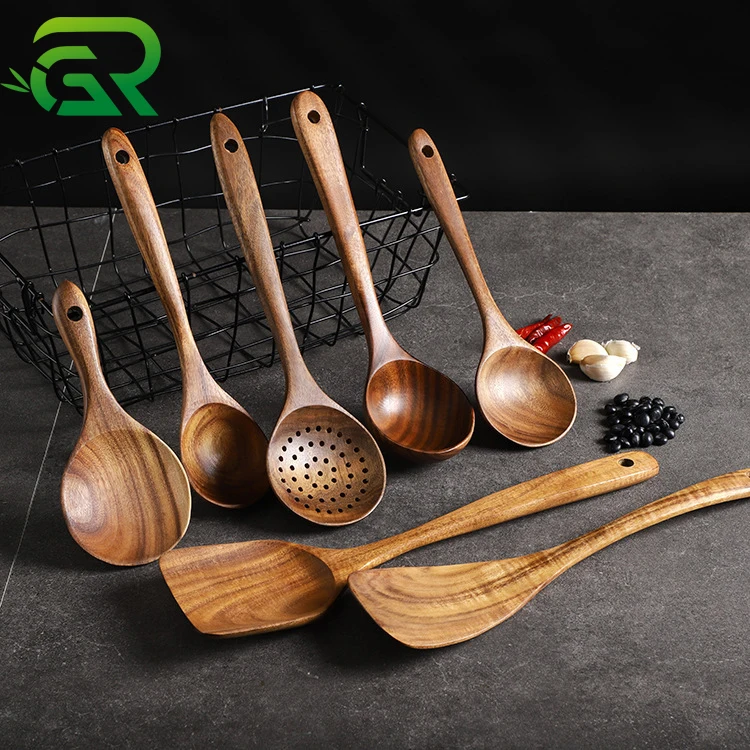 Оптовая продажа с завода Набор из 7 деревянных кухонных принадлежностей Натурального Тикового дерева лопаткой