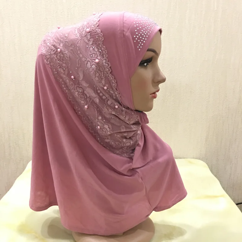Wholesale Custom Polyester Thin Section Muslim Multicolor Lace Applique Hot Drilling Instant Hijab For Women