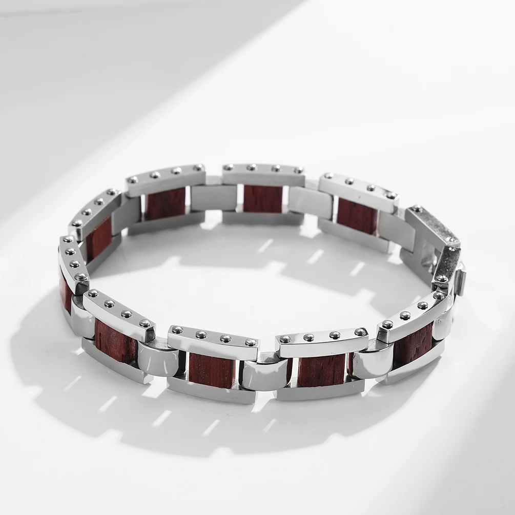 High Polished Men Stainless Steel With Wood Inlay Bracelets Custom Fine Bangles Bracelet Mens