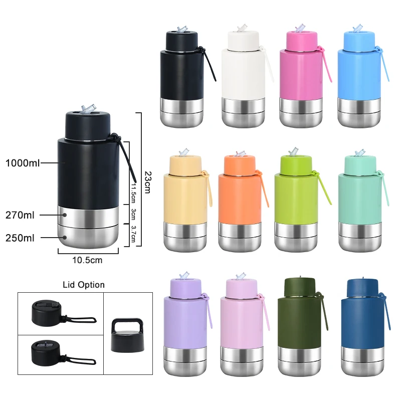 KEWIXY style 34oz 3 in 1 stainless steel pet food feeder insulated vacuum 1l travel portable dog drinking water bottle