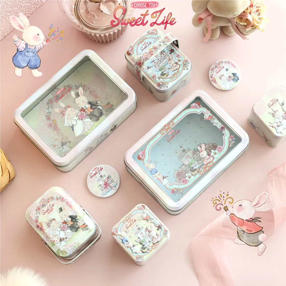 Cartoons Bunny PVC Transparent Window Cookie  Gift Box Tinplate Cans for Candy Chocolate Storage Packaging Tinplate Box