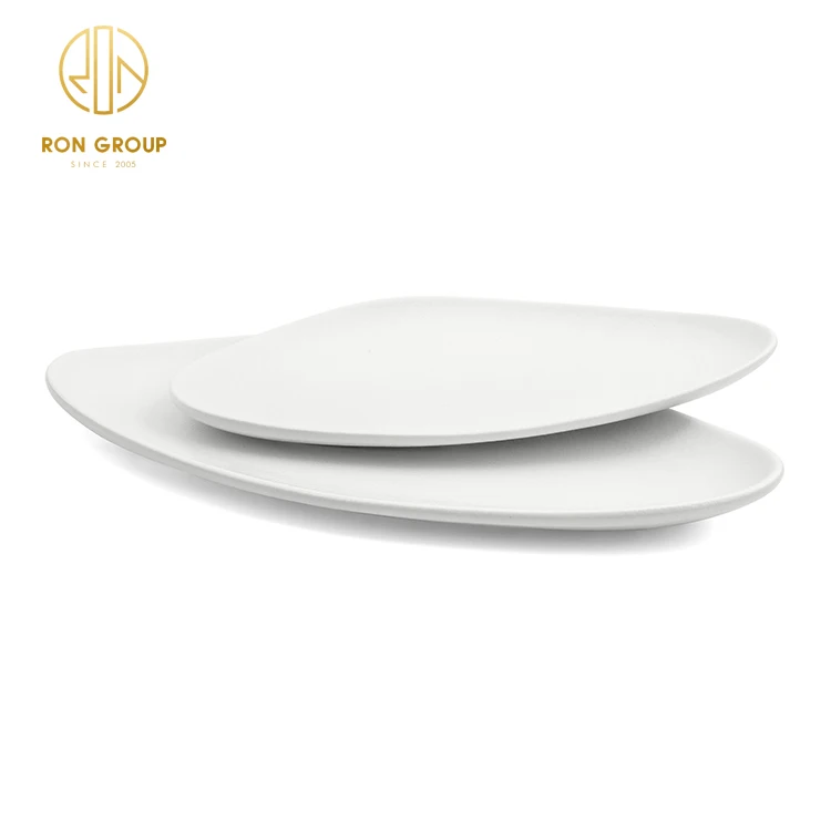 Hot selling unique matte white color frosted triangular shape dinner charger plate for steak pasta sushi ceramic narrow plate