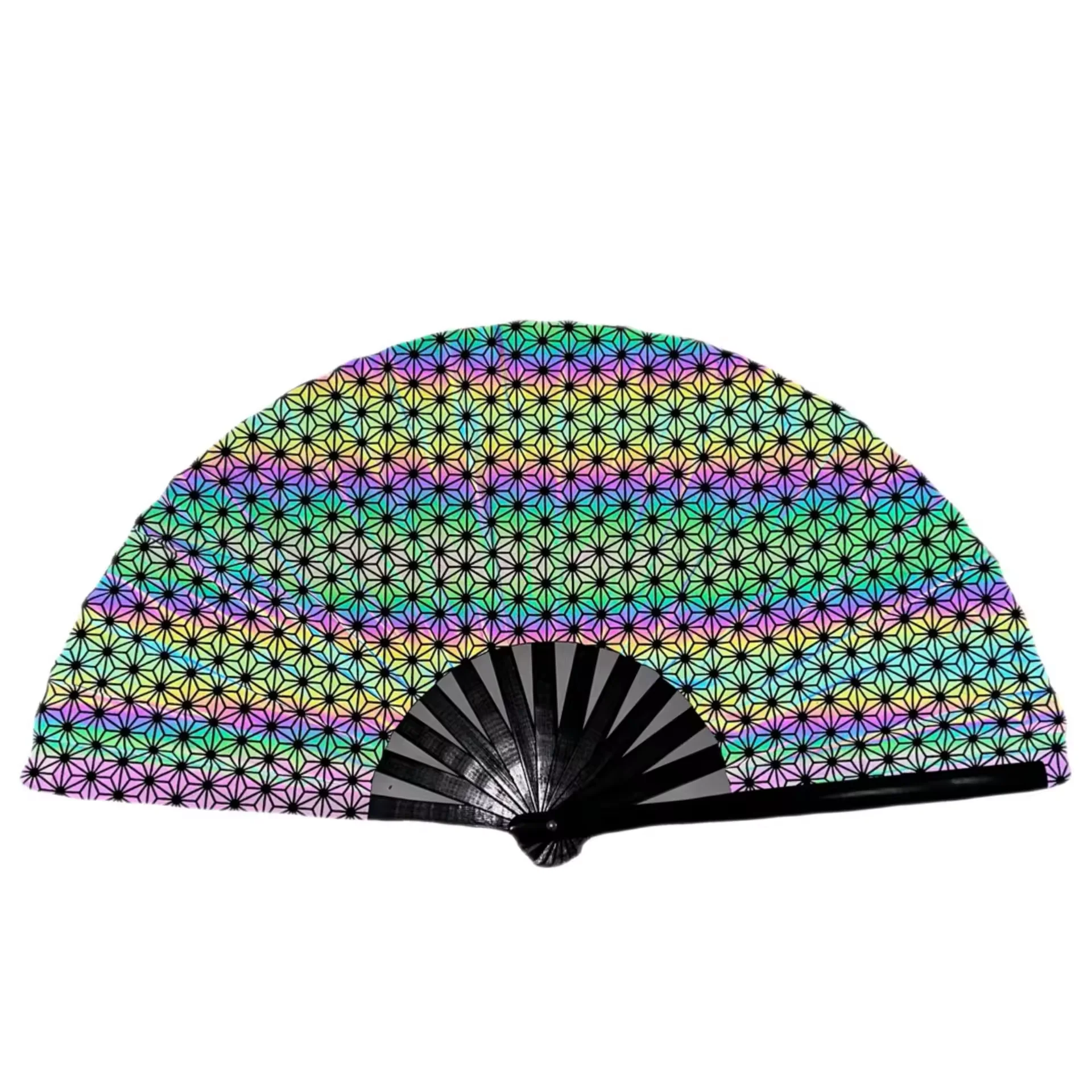 chinese customized rainbow palm leaf design printed fabric decorative large big folding hand held crank bamboo fan for rave
