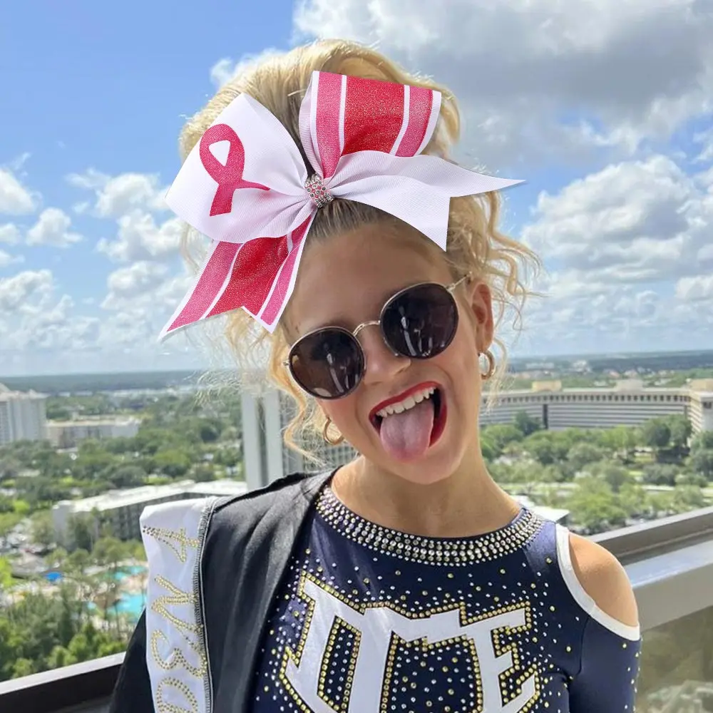 7 Inch Cheap Pink Ribbon Cheerleading Bows for Girls and Women Breast Cancer Cheer Bows with Elastic Band