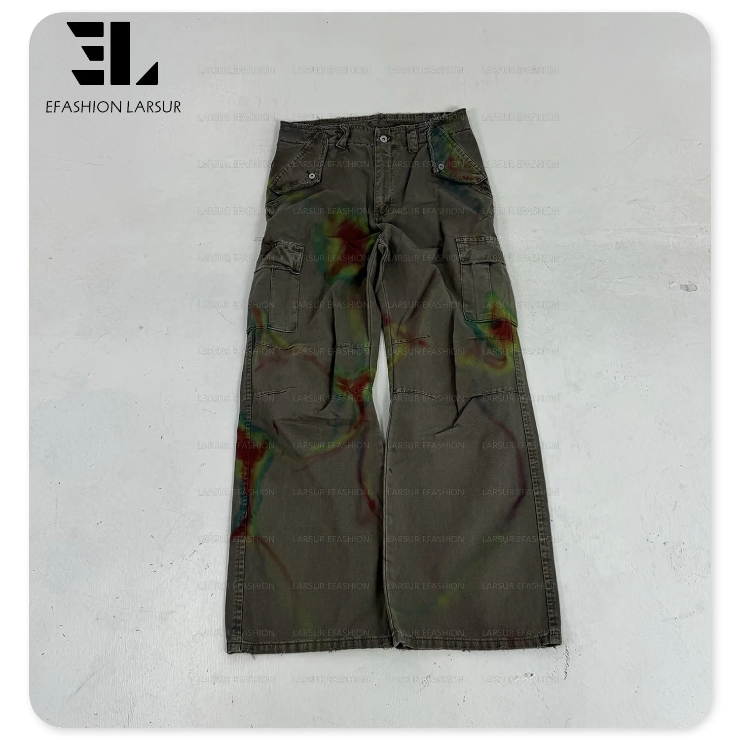 LARSUR Custom factory distress wash rainbow dye canvas cotton twill denim cargo pants slim straight leg cargo flare jeans men