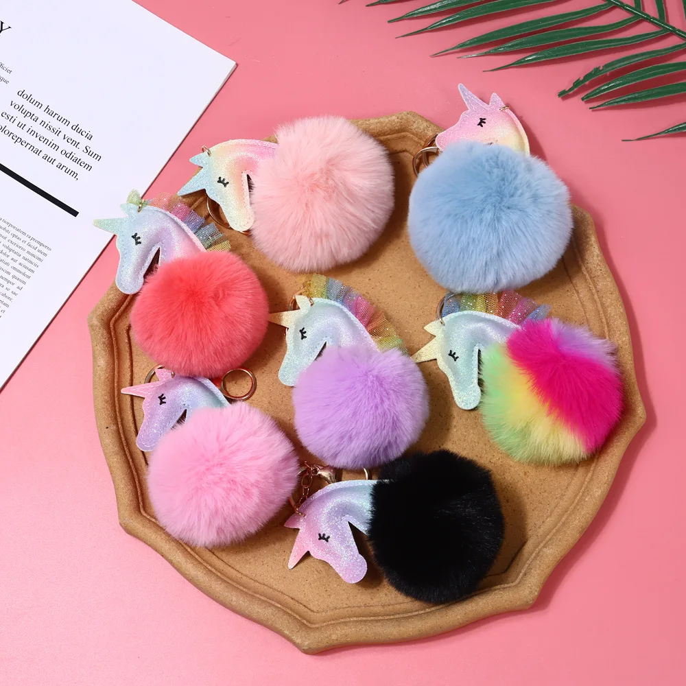 Mini Cartoon Cute Colorful Leather Fur Ball Horse Unicorn Plush Keychain Accessory Charm Keychain