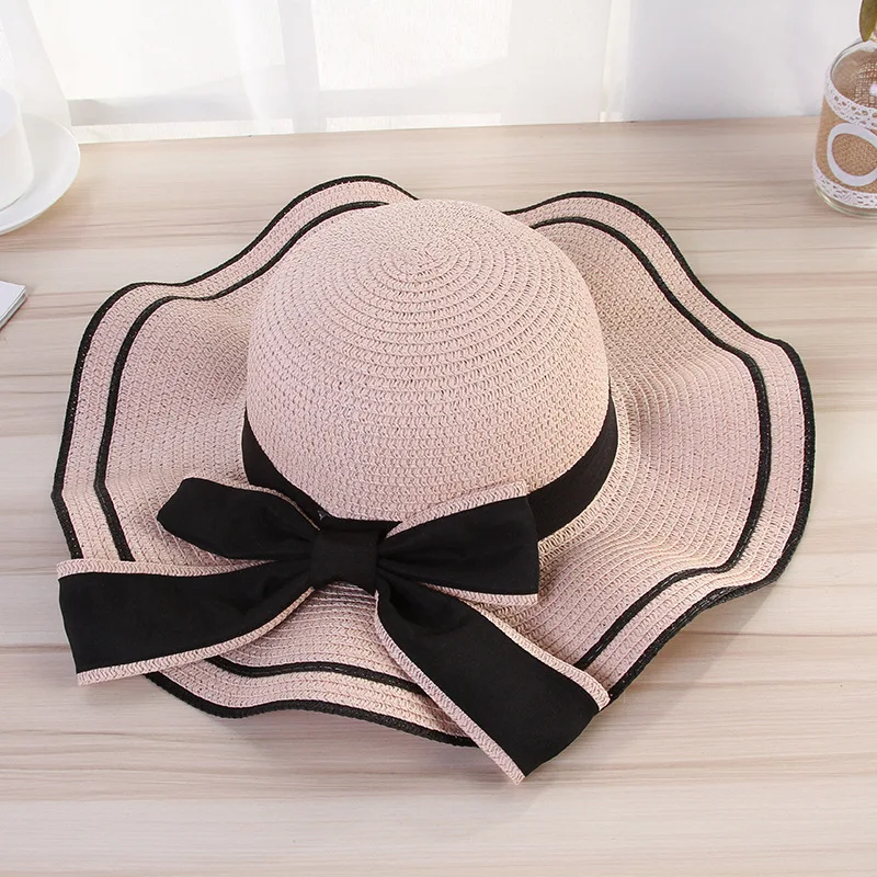 2021 summer big straw hat casual ladies wave side bow straw hat beach shade seaside vacation visor cap