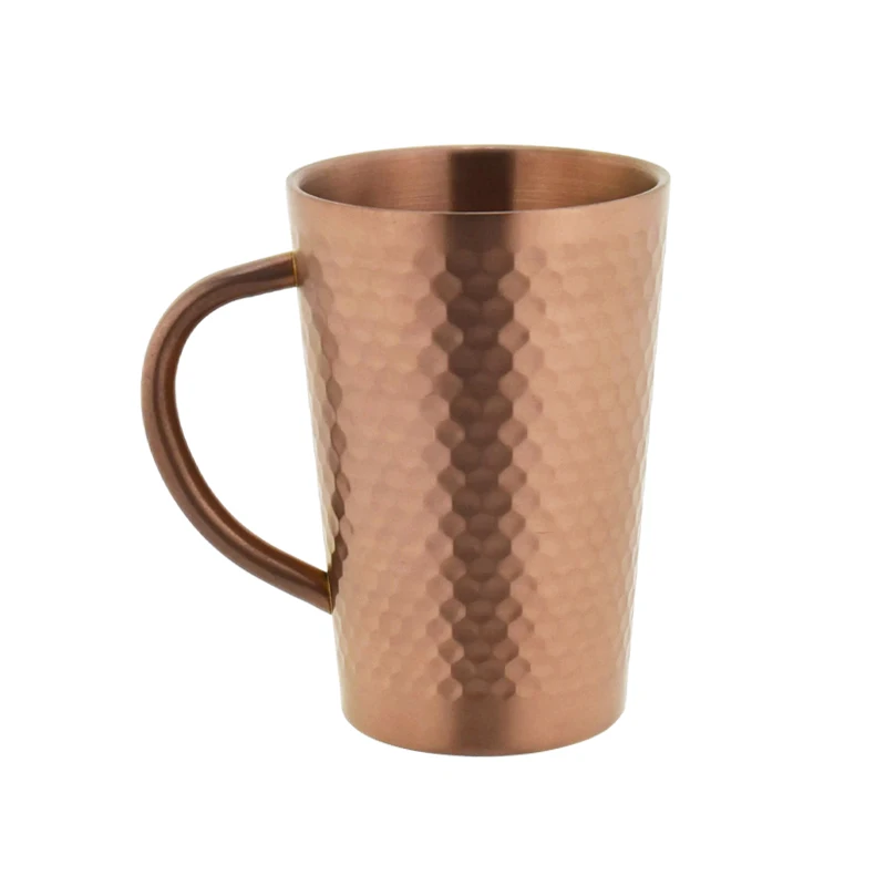 Hammered Design Metal 10oz Copper Coffee Mug with Handle Double Wall Tea Cup Stainless Steel Hot Insulated Tumbler Mug Cups