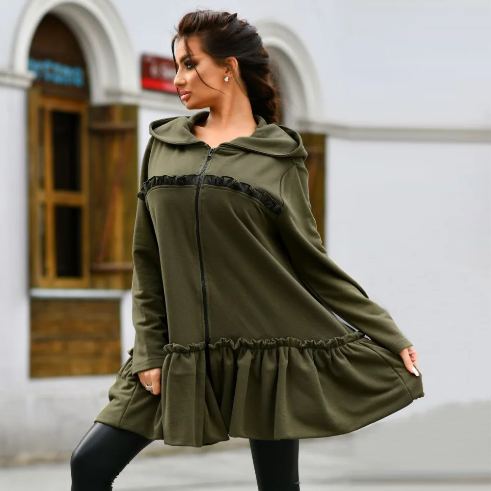 Fashion design lady plus size X-long front short back long ruffled sweatshirt coats with zip front close for winter