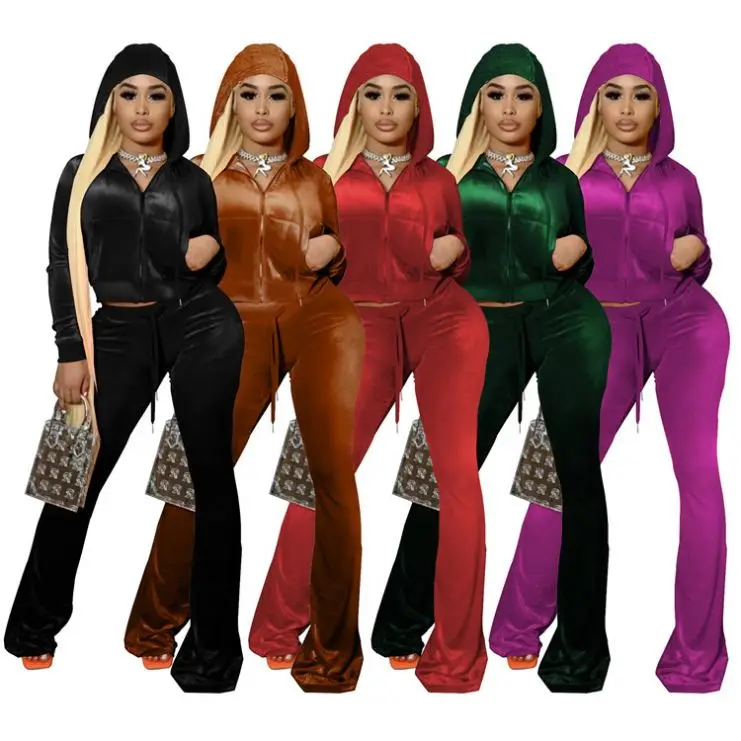 Vintage Velour Tracksuit Velvet Fabric Set Women Wide Leg Pants 2 Piece Fall Set Casual Sweatsuit Hooded Women Two Piece Set