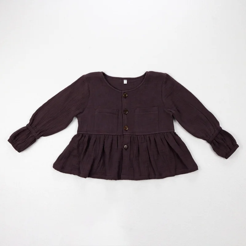 Top Seller Baby Long Sleeve Plain Color Cotton Muslin Front Buttons 1-6 year Baby Girls ruffle soft Top