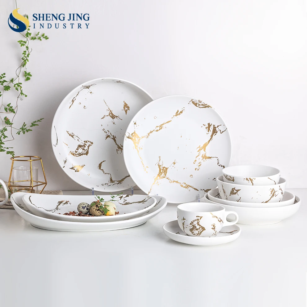 High Quality Ceramic Matte White And Black Porcelain Dinnerware Set Round Marble Gold Plate Bowl For Weddings Hotels Restaurant