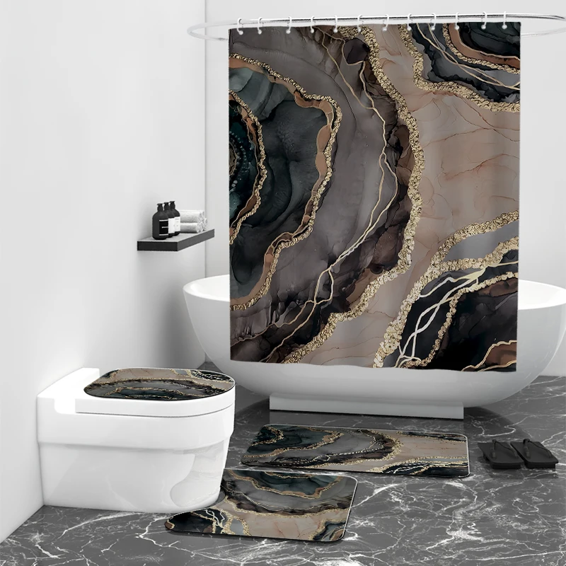 4Pcs Luxury Marble Shower Curtain Sets with Toilet Lid Rug Bath Mat and Contour Mat