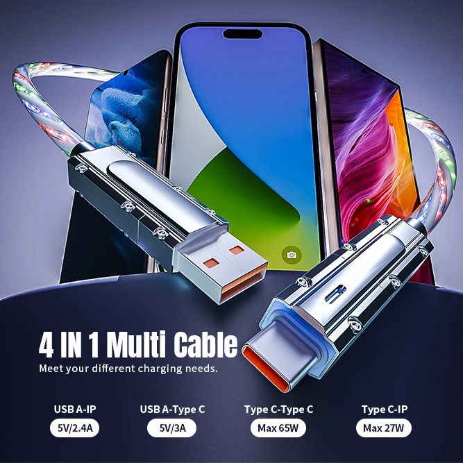 66W 4 in 1 Multi Fast Charging Cable LED Light Up USB C Cable Fast Charging Cable For iPhone 16 Charger Cord
