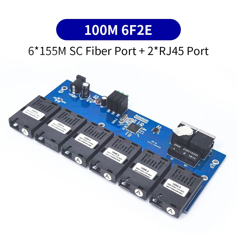 100Mbps Single mode simplex 6 Fiber ports 2 Lan port 6F2E Fiber media converter PCBA
