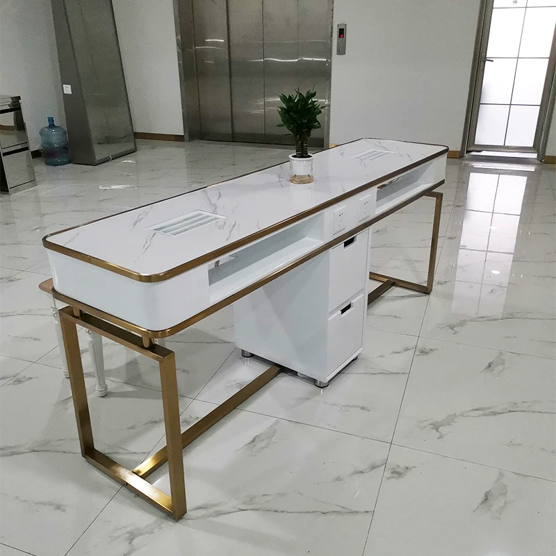 Modern design custom white and gold portable manicure table with  marble slab on top   ZY-MT075