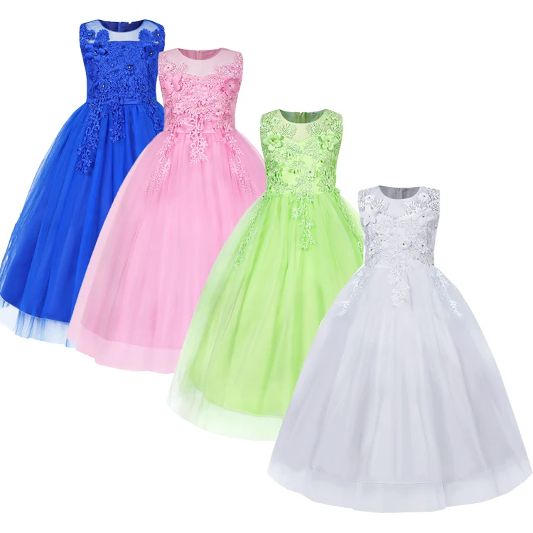 Hot sale Floor Length Formal Ruffles Lace Wedding Party Evening Princess Teenager flower baby girl dress for girl 4-14 year