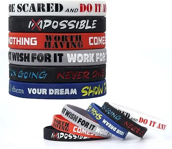 Motivational Quote Rubber Bracelets for Women, Men, Teens, Colored Unisex Silicone Wristbands with Inspirational Text
