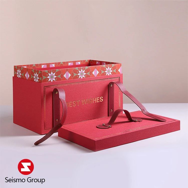 Seismo Custom Luxurious Big Large Wedding Gift Red Box Cardboard Magnetic Gift Paper Box With Lid Handle With Logo Packaging