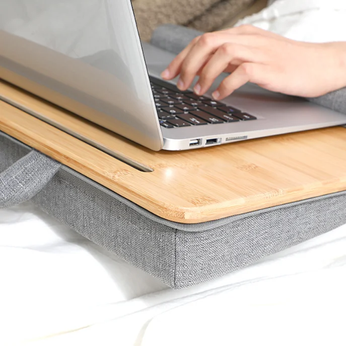 New design portable laptop bed desk with cushion bamboo computer table phone pad holder for study working