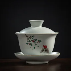 190ml 6.5oz Handmade ceramic cup with lid and Plate Chinese style cat Chawan White porcelain tea cup and saucers