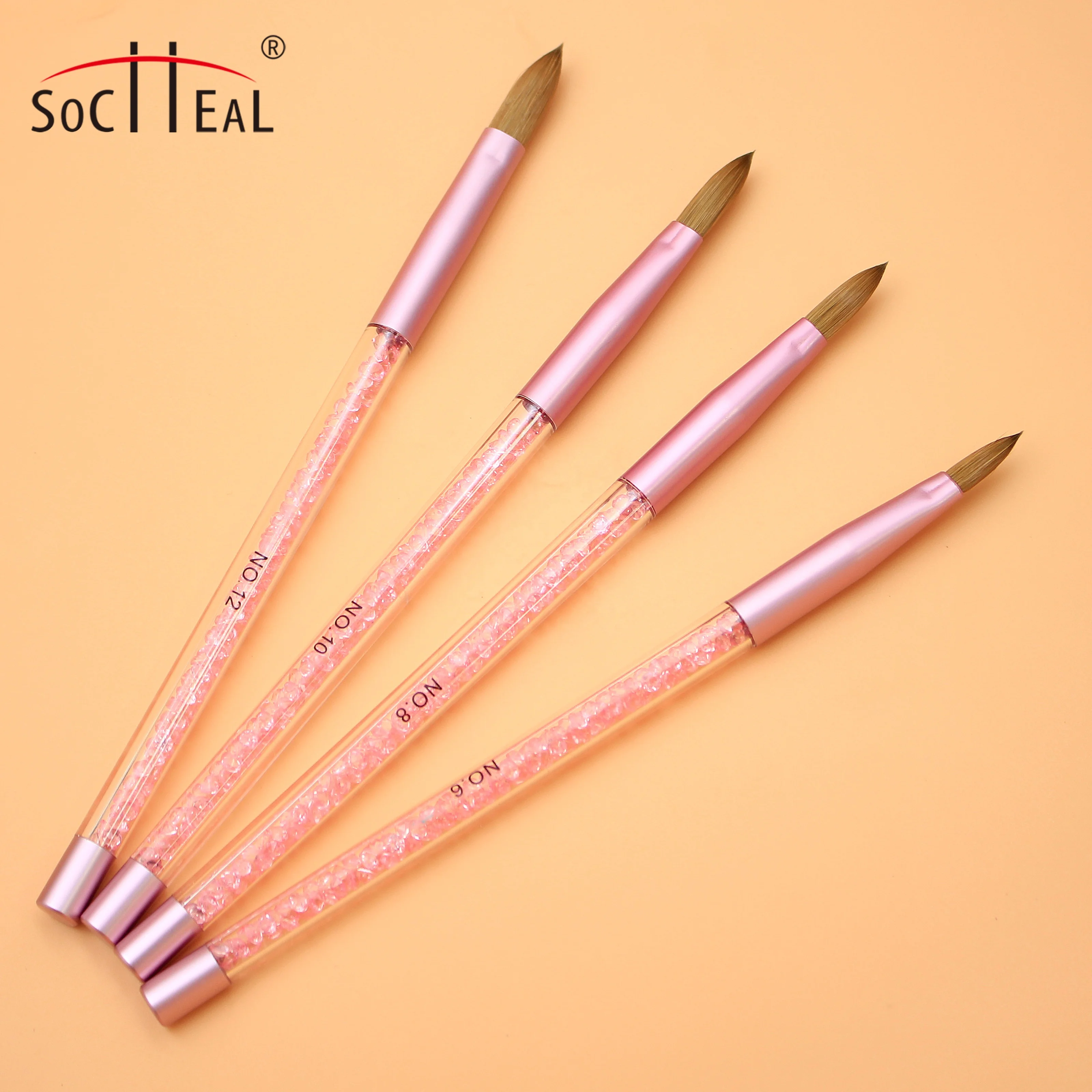 Professional Custom Crimped & Round 100% Pure Kolinsky Acrylic Nail Brush with Pink Rhinestone Kolinsky 3D Brush For Manicure