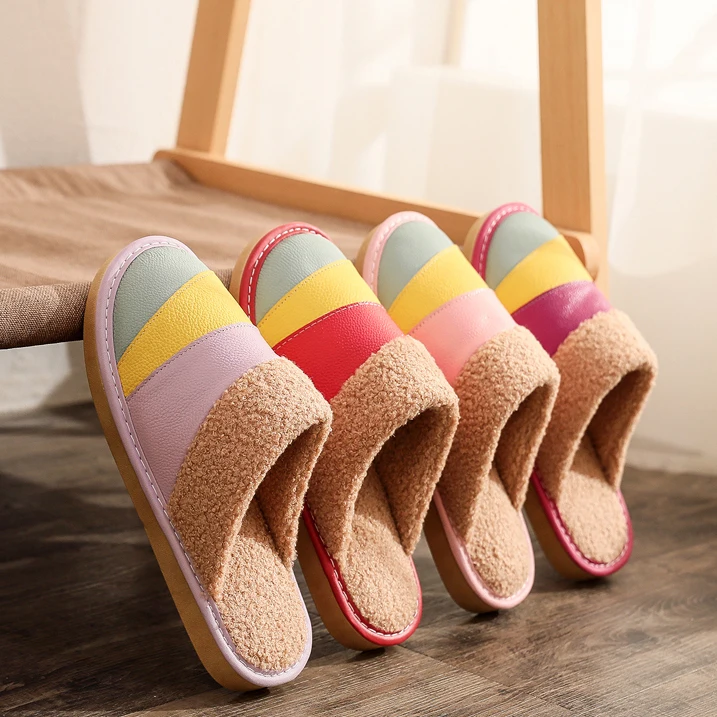 Оптовая продажа, детские тапочки с пушистым лицом на заказ, кожаные, Воловья кожа, резина, спальня, плюшевый мишка, для девочек, детские Тапочки