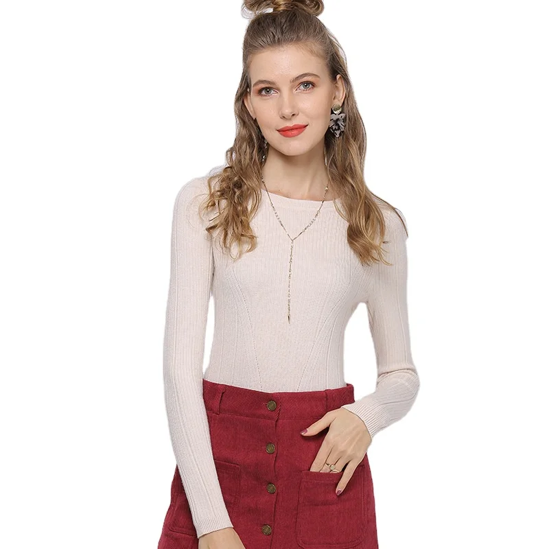 
Базовый однотонный осенне-зимний свитер с круглым вырезом, пуловер, Женский вязаный свитер, облегающий свитер с длинным рукавом, дешевый 