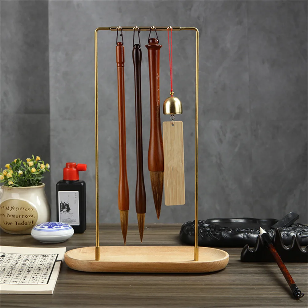 Chinese Calligraphy Brush Pen Holder with 8 Needles Metal and Wooden Base Brass Ink Hanger Desk Organizer