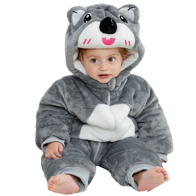Lvkiss Unisex Baby Romper New Autumn and Winter Animal Flannel Costumes Hooded Cosy Girl Clothes with Knitted Fabric Zipper