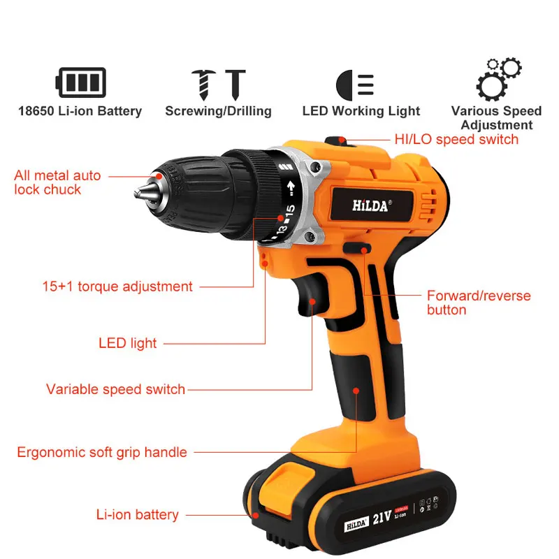 Electric Cordless Power Impact Wrench Drill Set 21V Electric Driver Tool Kit with 24+1 High Torque 2 Speed drilling machines