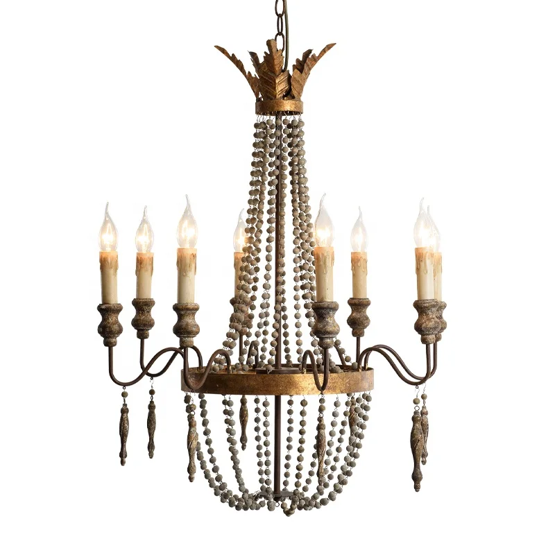 Italian iron hanging pendant lighting,vintage classic wood beaded chandelier