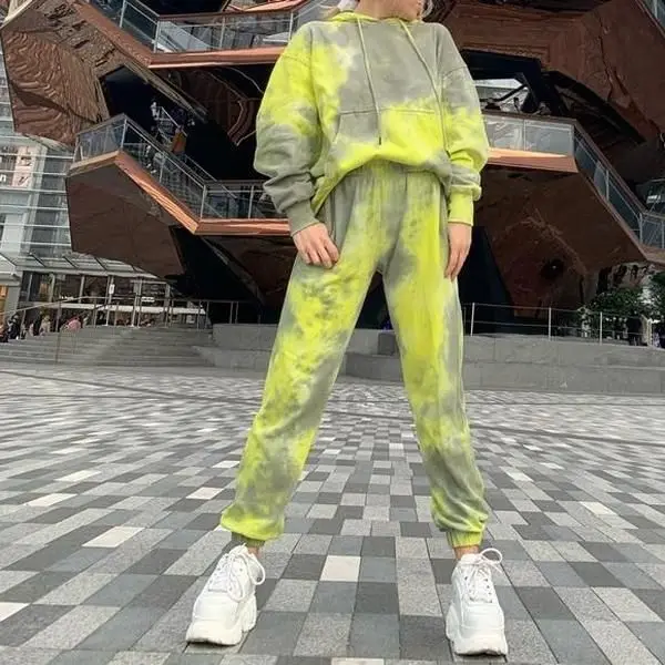 
Autumn Thick Fleece Pullover Hoodies Plus Size Women Tie Dye Sets Tracksuit Set 
