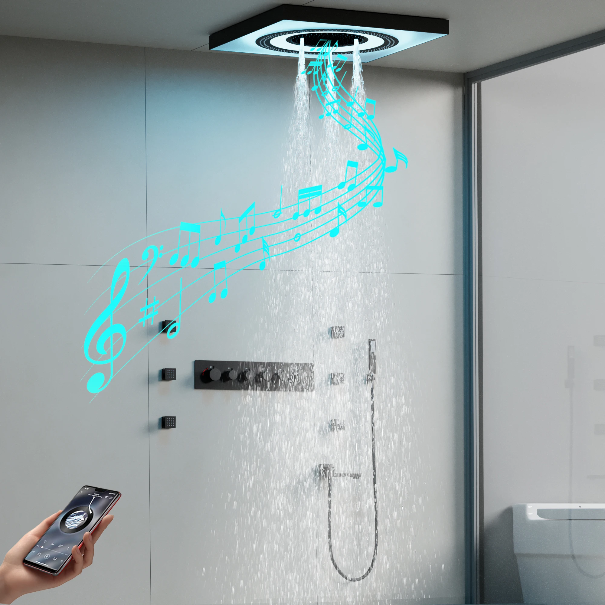 High End Bathroom Concealed Thermostatic LED Shower System Set Luxury Ceiling Mounted 24 inch LED Music Shower Head