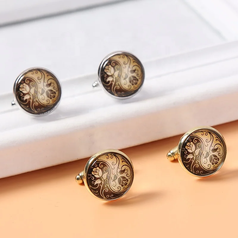Lot stock personalized metal cuff links traditional cufflink round vintage flowers yiwu wholesale cufflinks