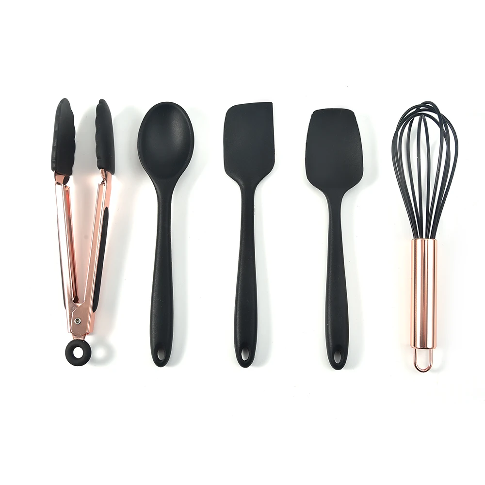 
America hot selling in stock 5pcs silicone mini utensil set with copper plated rose gold finished handle tongs whisk 