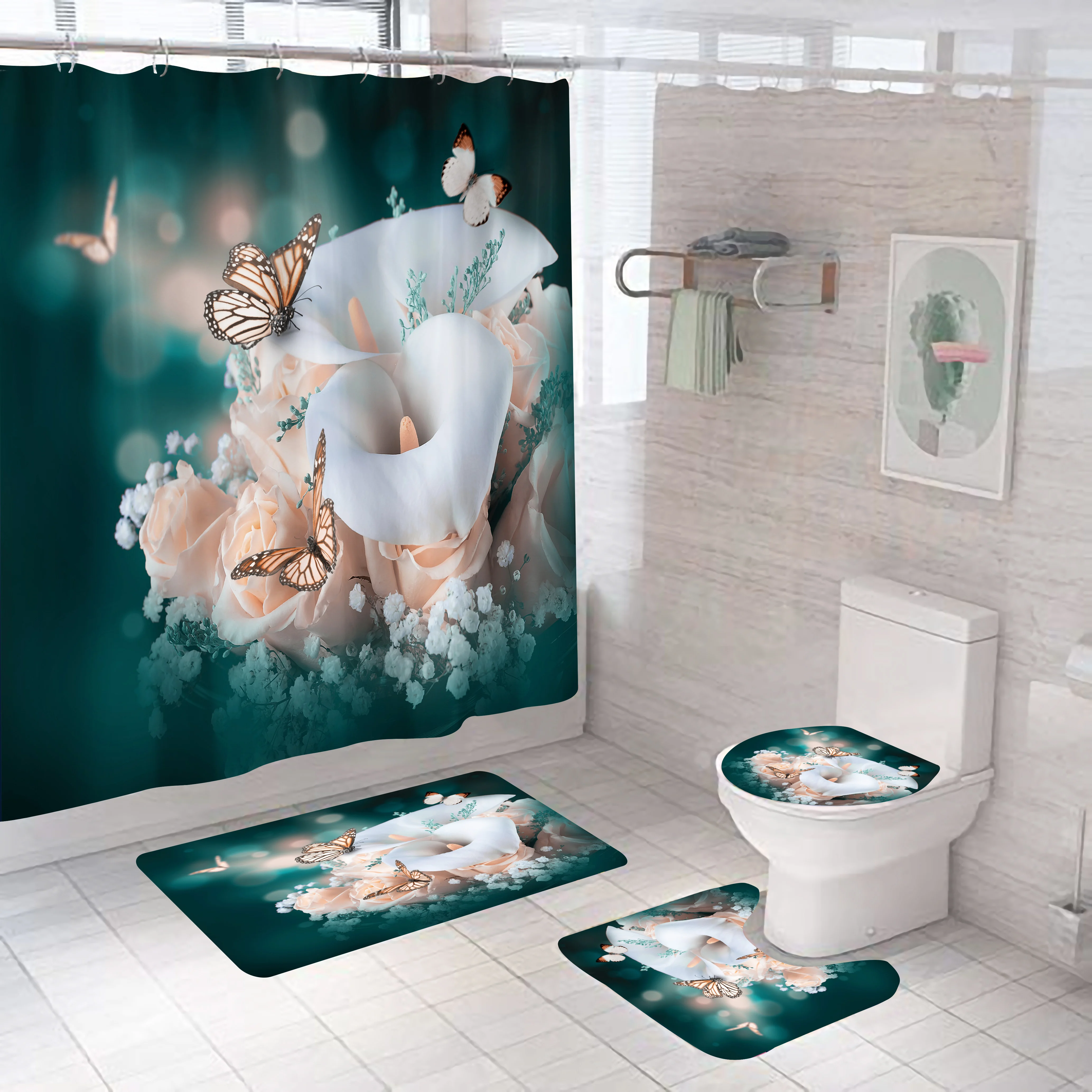 China made Butterfly series Mat Shower 4 Pieces Set Shower Curtain 3 Pieces Set bath mat