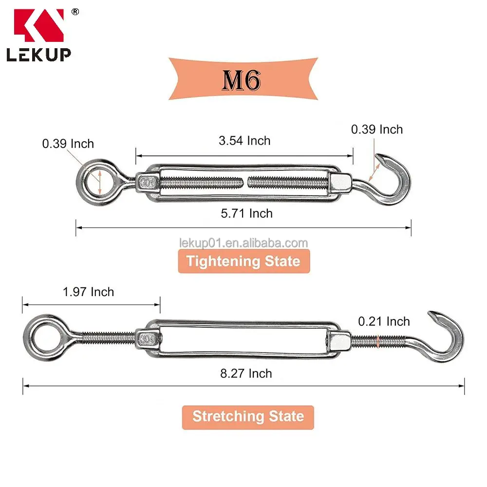 304 Stainless Steel Cables Wire Turnbuckles M6 Turnbuckle Hook and Eye Heavy Duty Turnbuckle Hardware Kit for Wire Rope Tension