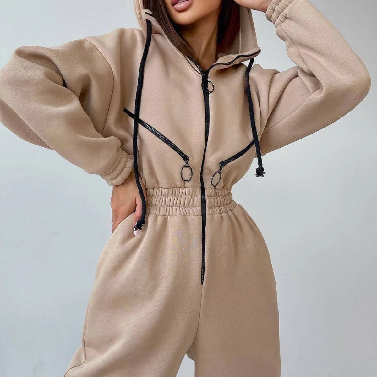 Winter Sweatshirt Hooded Jumpsuits Front Zip Long Sleeve Women Jumpsuits Playsuit Casual Thick Warm Female Jumpsuit Fall 2024